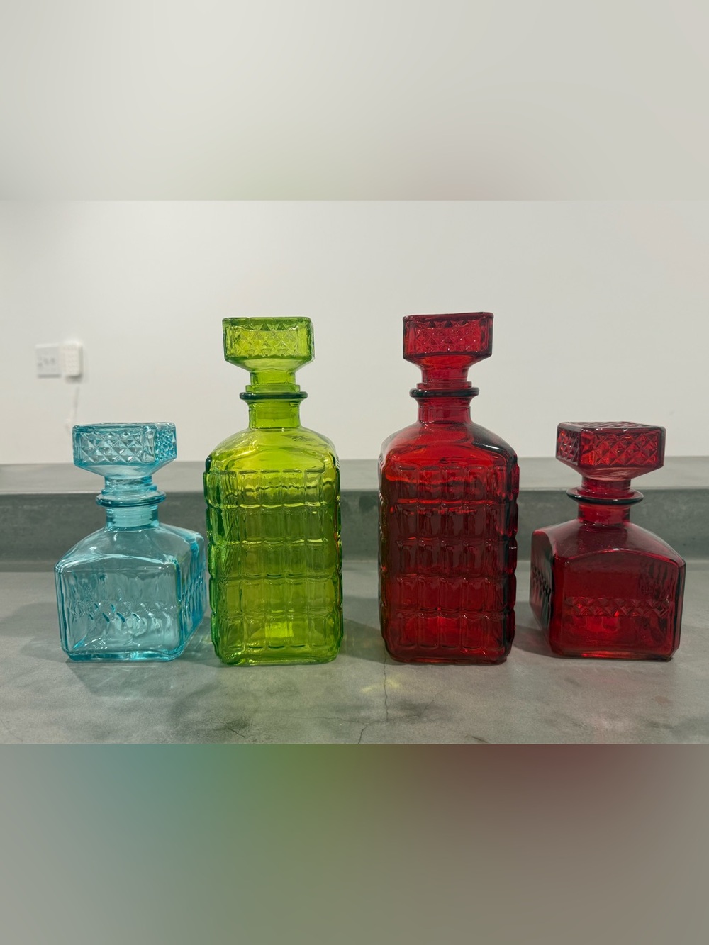 Vintage Colored Glass Decanter Set | 4 Decorative Apothecary Bottles
